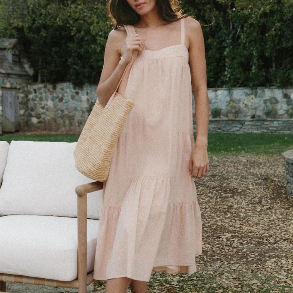 Jenni Kayne Seersucker Summer Dress Peach Tiered Cotton Blend Midi Dress Size XS